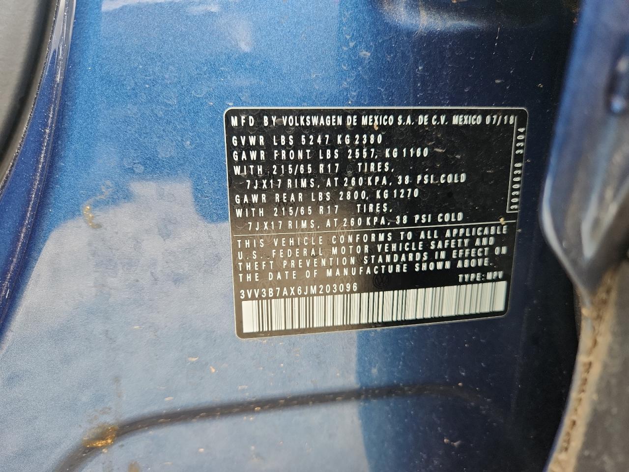 2018 Volkswagen Tiguan Se VIN: 3VV3B7AX6JM203096 Lot: 84538735