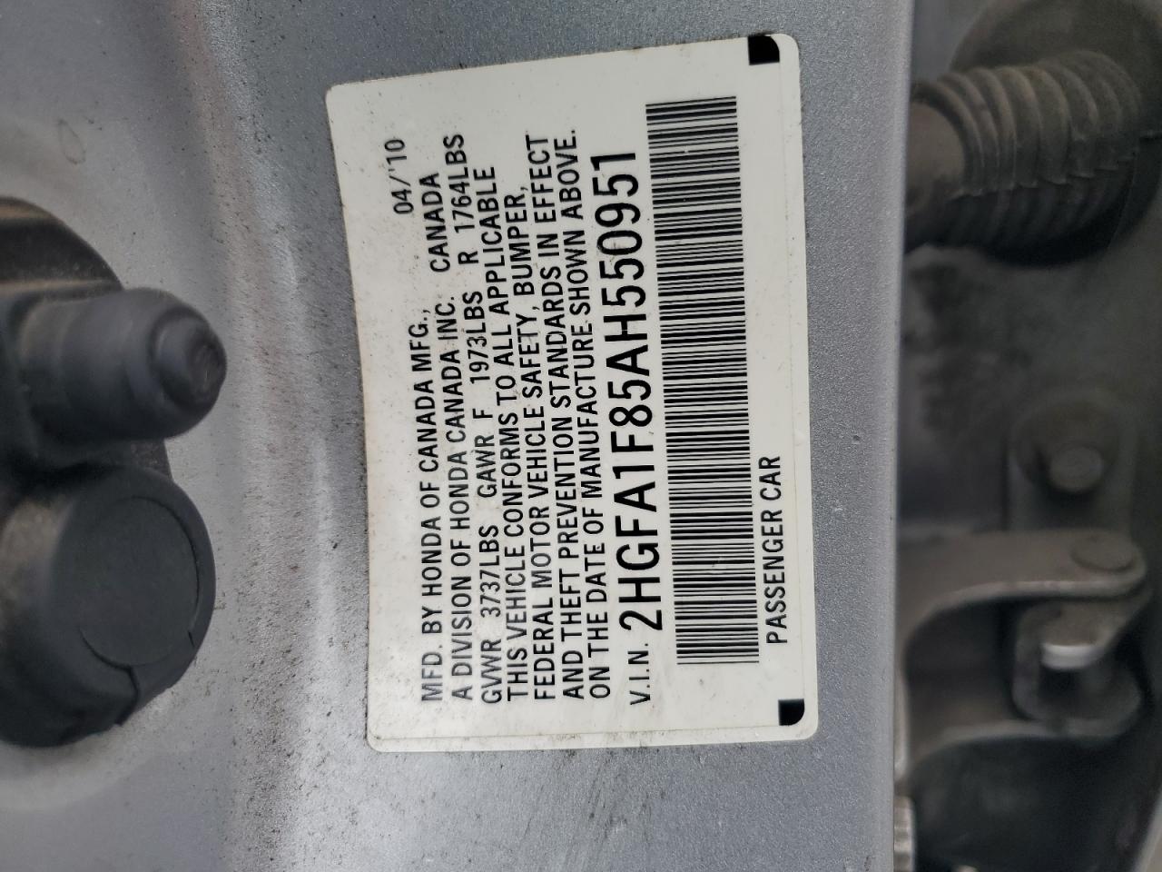 2010 Honda Civic Ex VIN: 2HGFA1F85AH550951 Lot: 80278025