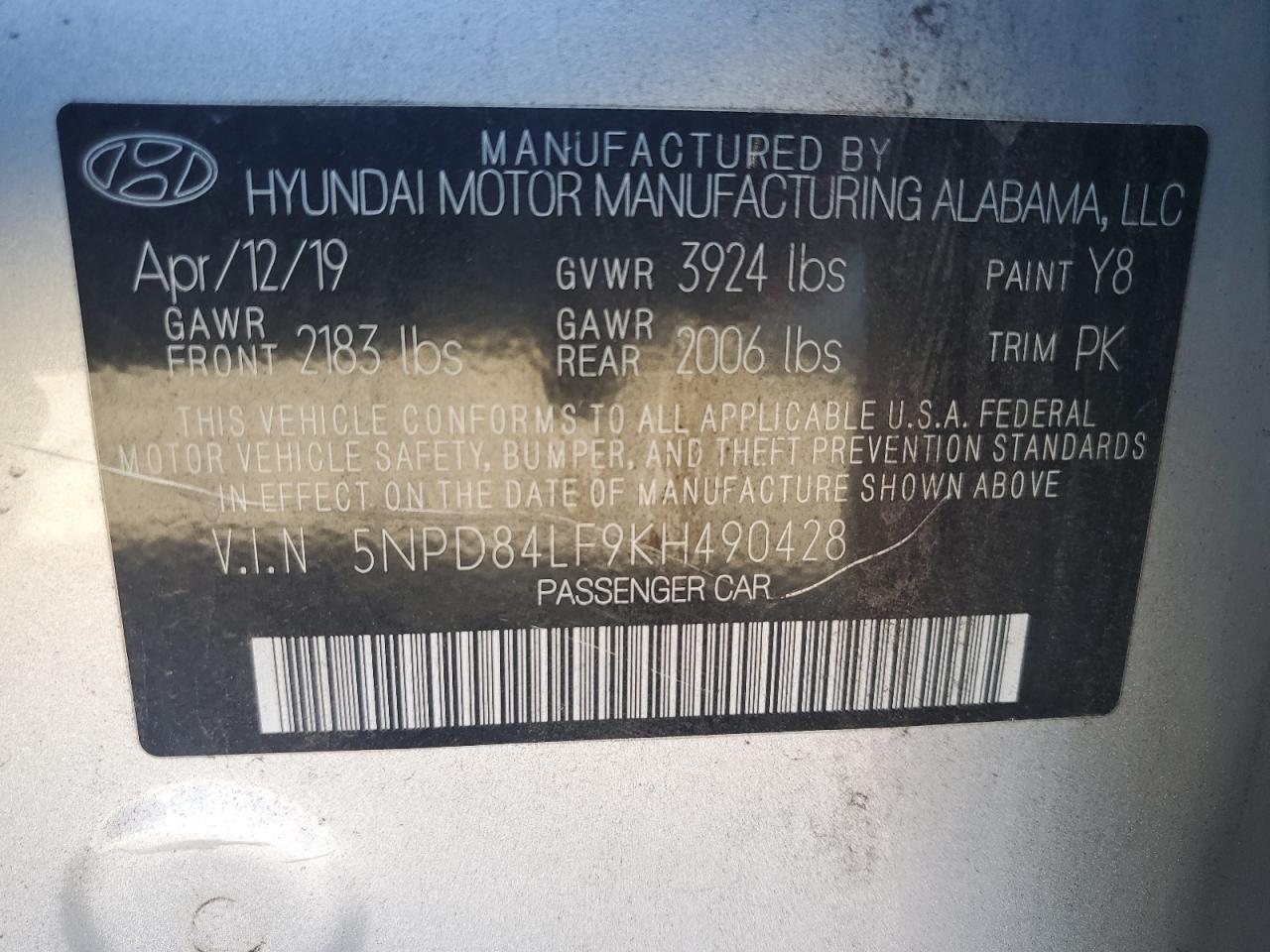 2019 Hyundai Elantra Sel VIN: 5NPD84LF9KH490428 Lot: 70919465