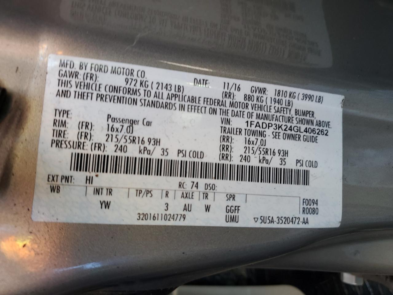 2016 Ford Focus Se VIN: 1FADP3K24GL406262 Lot: 81327095