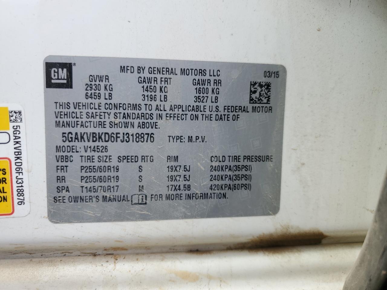 2015 Buick Enclave VIN: 5GAKVBKD6FJ318876 Lot: 84435475