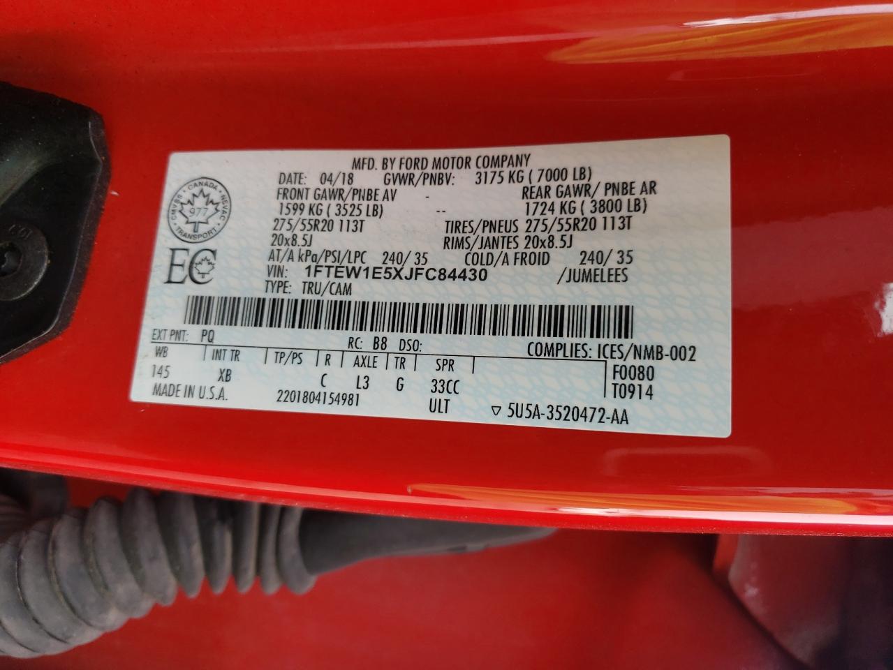 2018 Ford F150 Supercrew VIN: 1FTEW1E5XJFC84430 Lot: 81573385