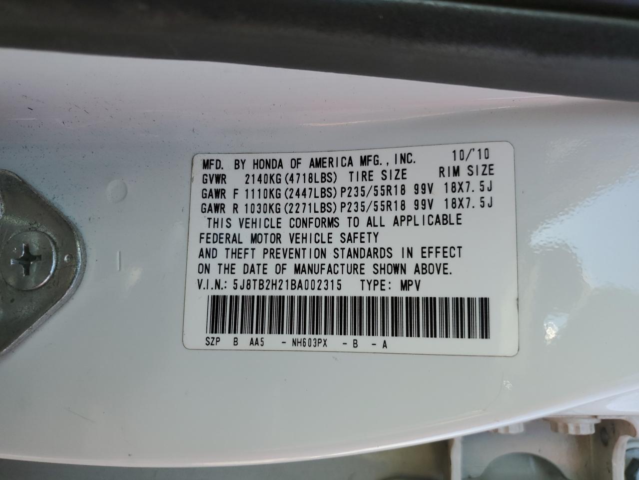 2011 Acura Rdx VIN: 5J8TB2H21BA002315 Lot: 81110885