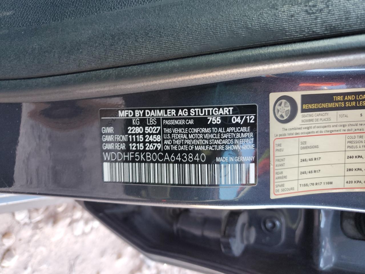 2012 Mercedes-Benz E 350 VIN: WDDHF5KB0CA643840 Lot: 80685135