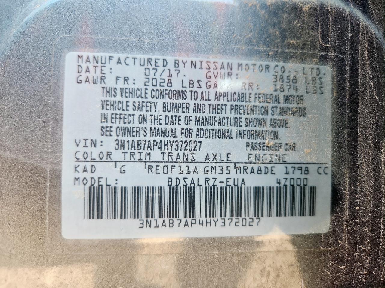 2017 Nissan Sentra S VIN: 3N1AB7AP4HY372027 Lot: 80863985