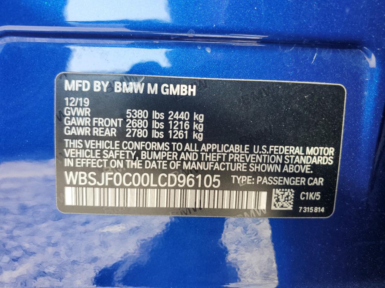 2020 BMW M5 Base VIN: WBSJF0C00LCD96105 Lot: 83826155