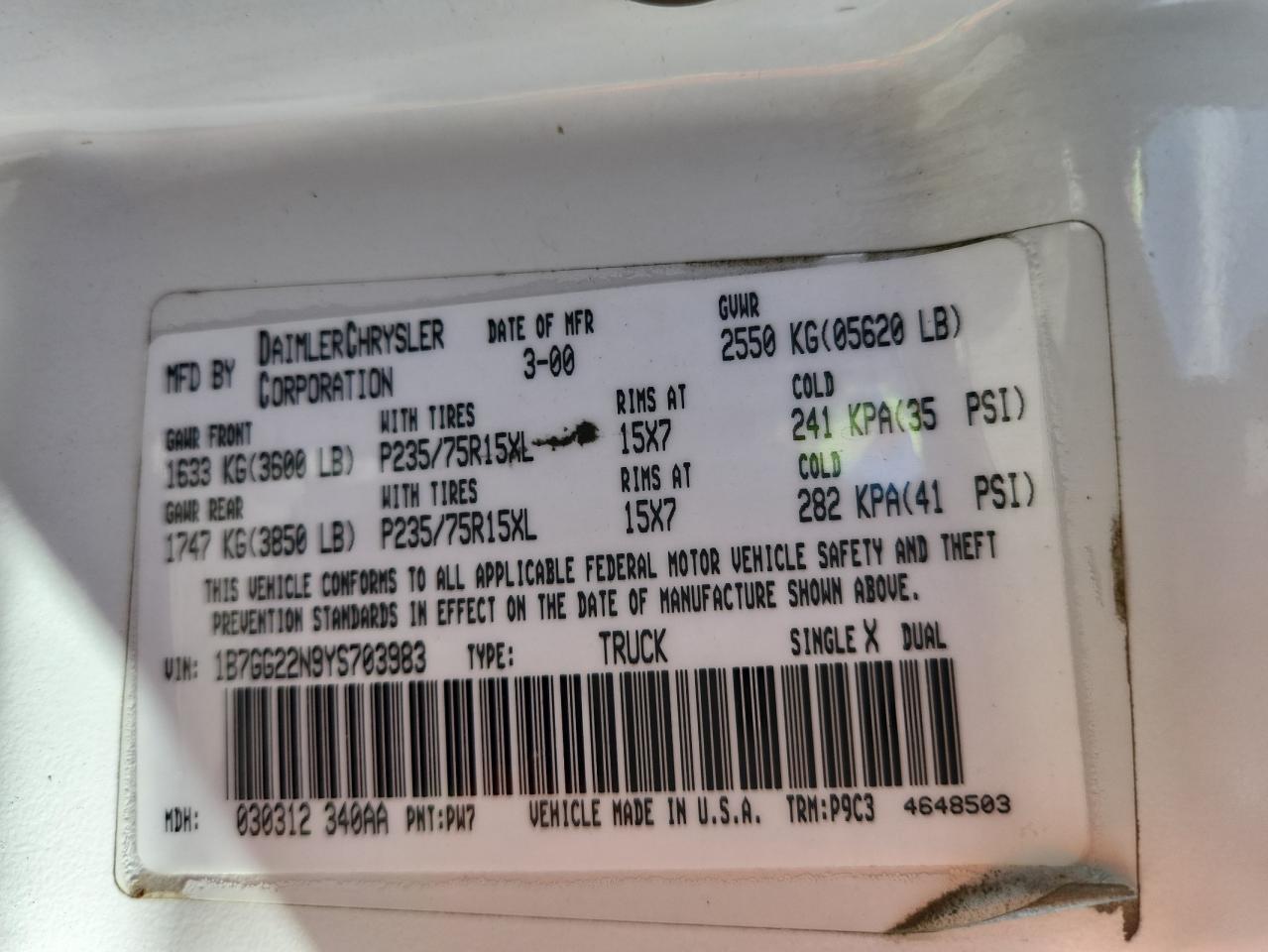 2000 Dodge Dakota VIN: 1B7GG22N9YS703983 Lot: 80115605