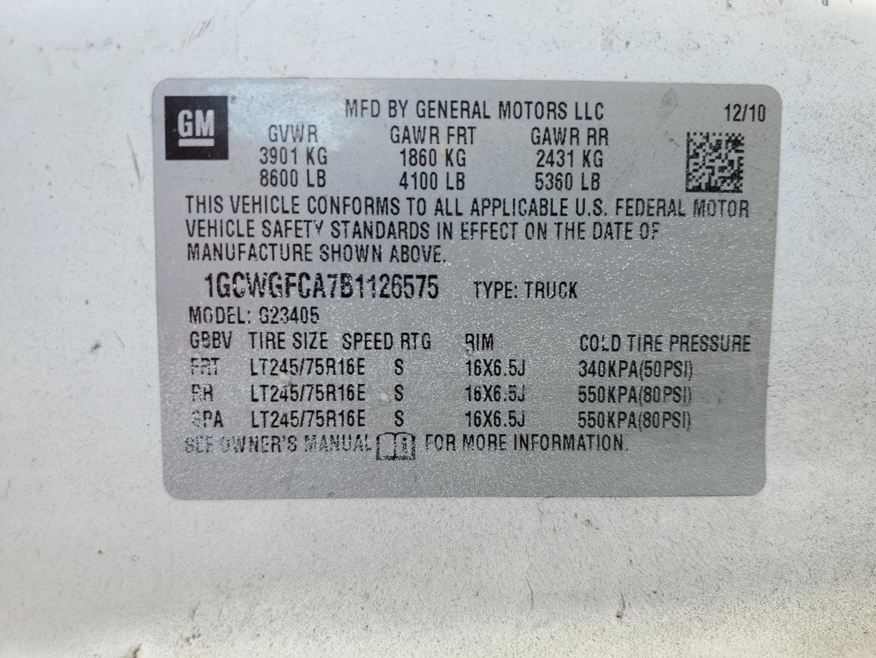 2011 Chevrolet Express G2500 VIN: 1GCWGFCA7B1126575 Lot: 81017105