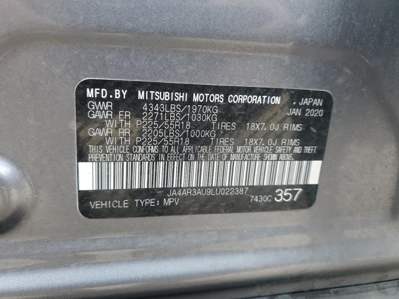 2020 Mitsubishi Outlander Sport Es VIN: JA4AR3AU9LU022387 Lot: 80068065