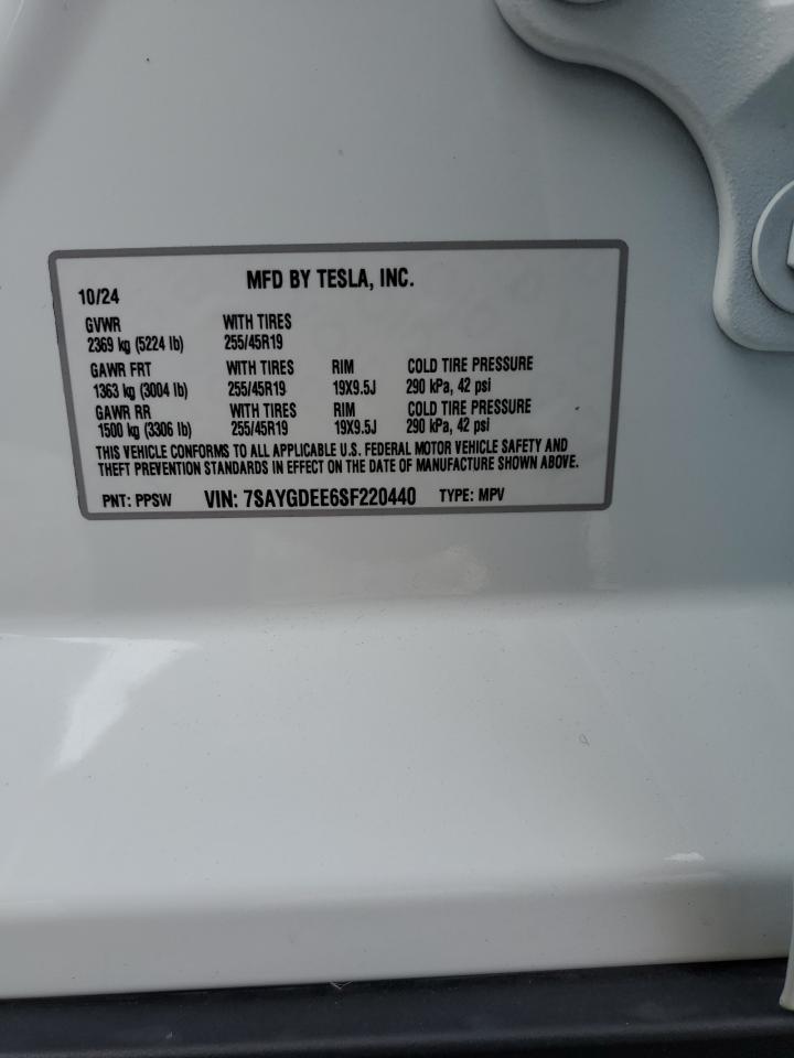 2025 Tesla Model Y VIN: 7SAYGDEE6SF220440 Lot: 82074235
