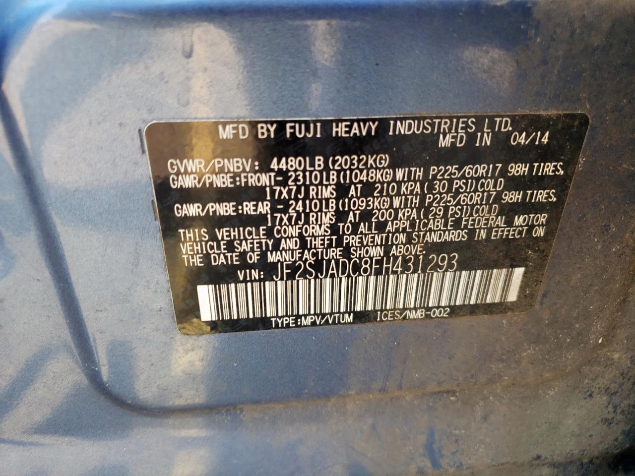 2015 Subaru Forester 2.5I Premium VIN: JF2SJADC8FH431293 Lot: 80992965