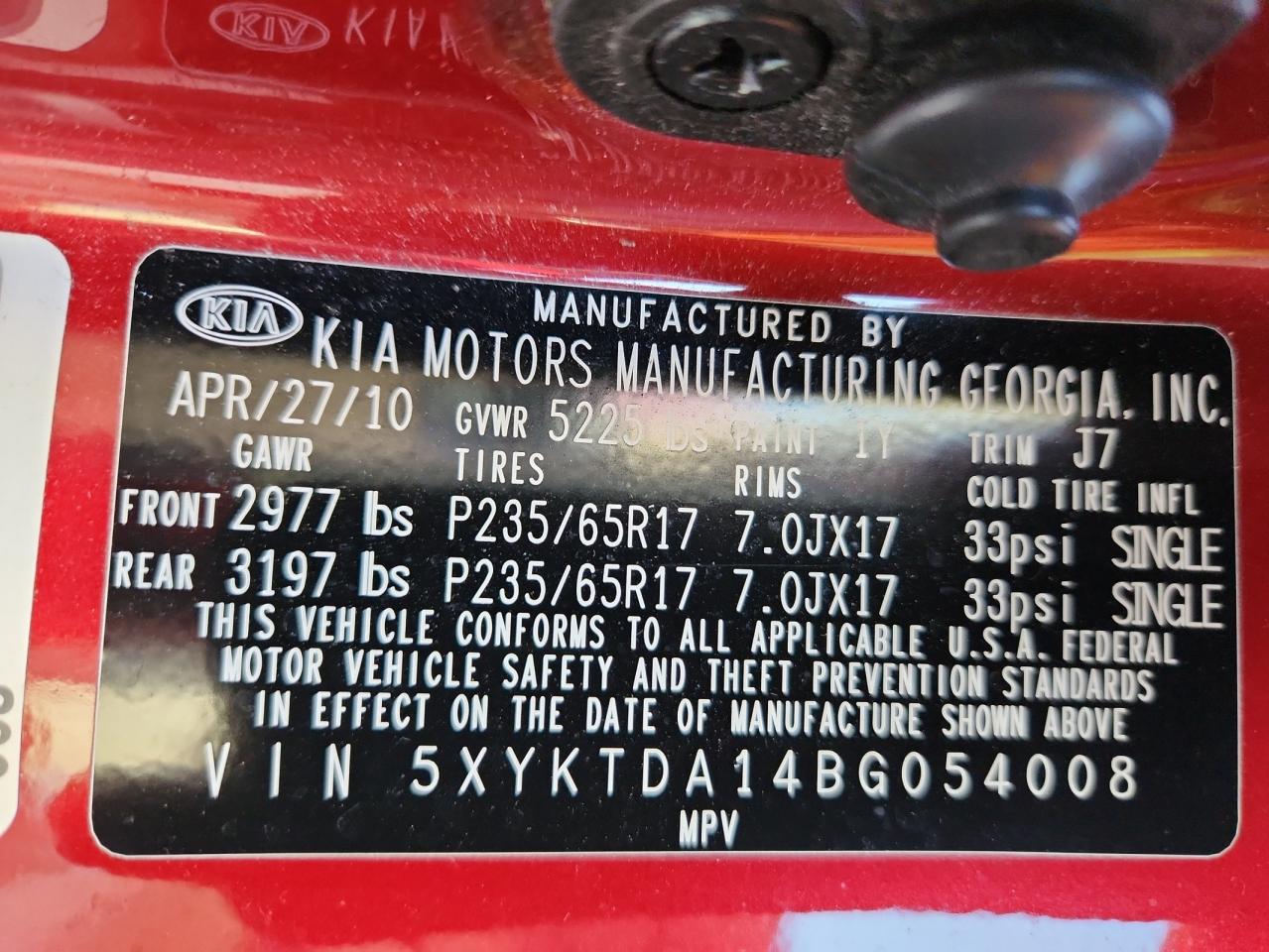 2011 Kia Sorento Base VIN: 5XYKTDA14BG054008 Lot: 84706995