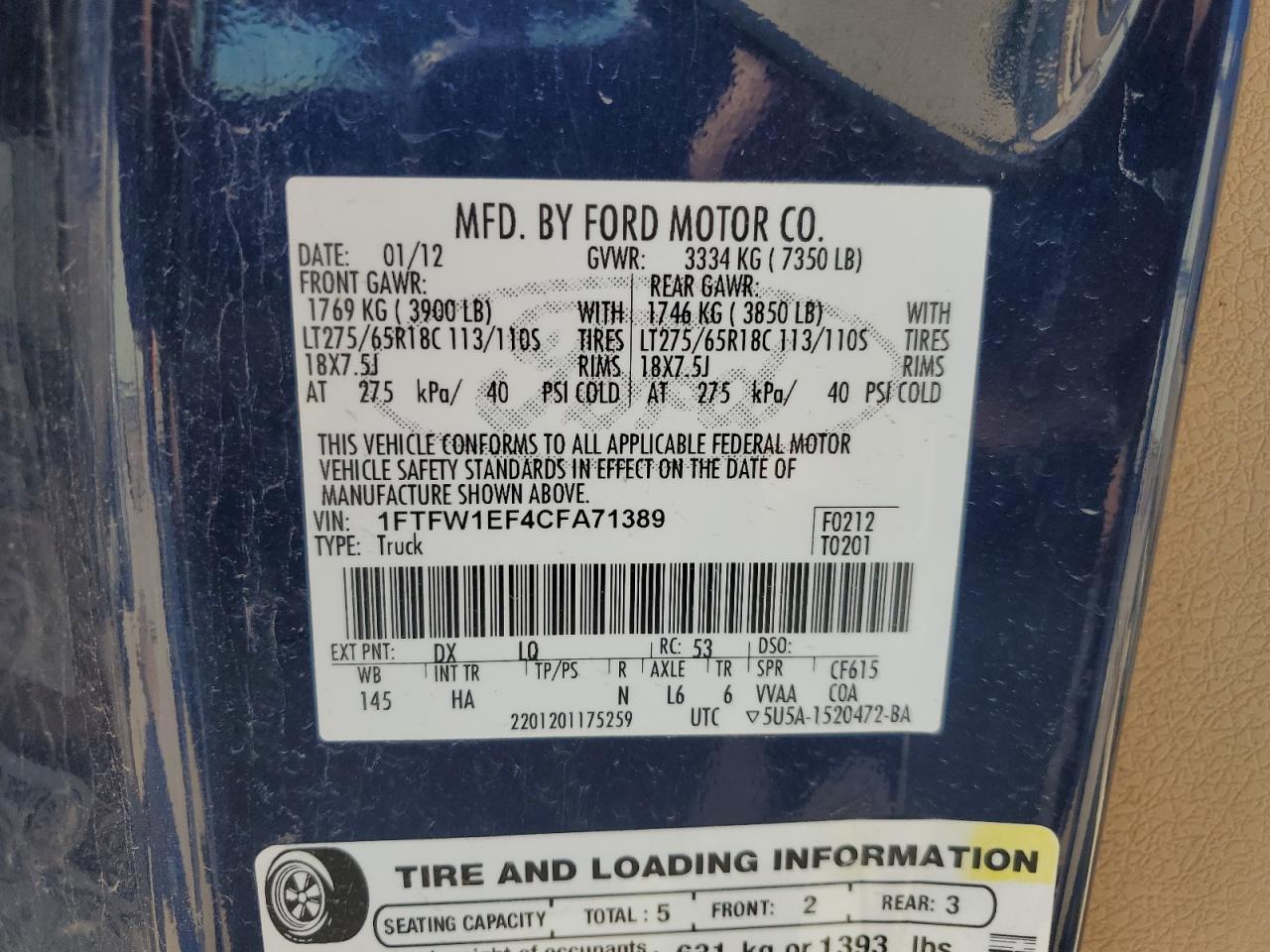 2012 Ford F150 Supercrew VIN: 1FTFW1EF4CFA71389 Lot: 84276645