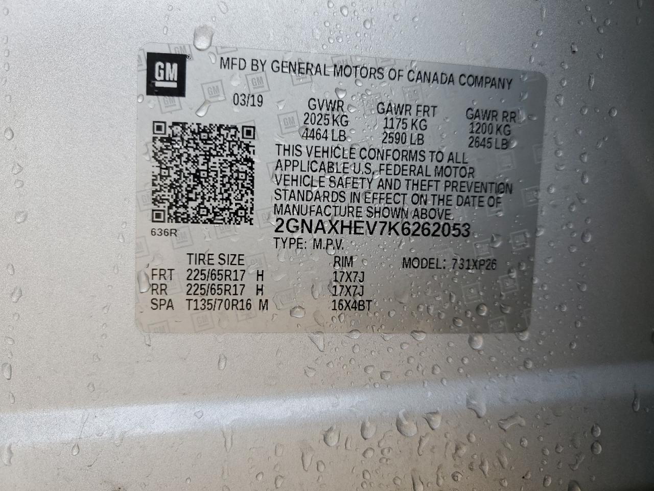 2019 Chevrolet Equinox Ls VIN: 2GNAXHEV7K6262053 Lot: 71514635