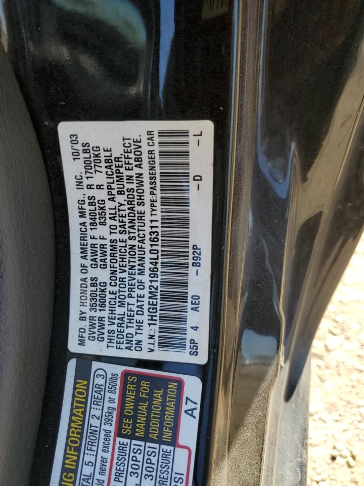 2004 Honda Civic Ex VIN: 1HGEM21964L016311 Lot: 81964495