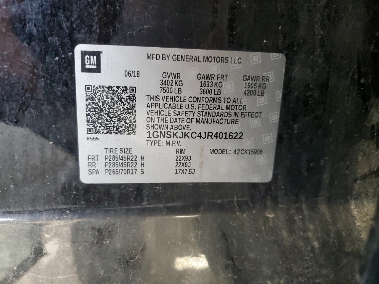 2018 Chevrolet Suburban K1500 Premier VIN: 1GNSKJKC4JR401622 Lot: 71754105