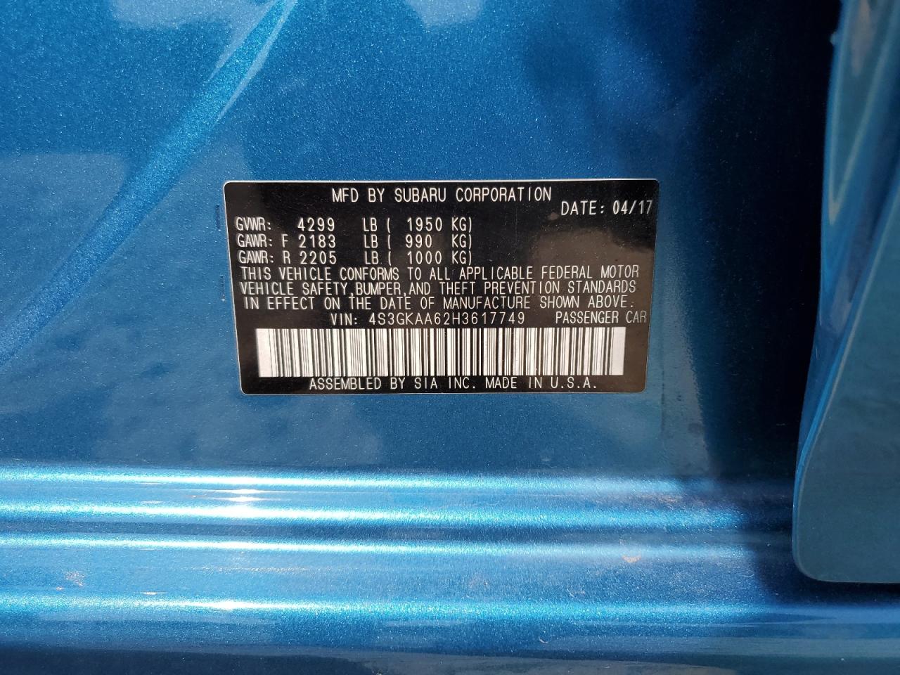 2017 Subaru Impreza VIN: 4S3GKAA62H3617749 Lot: 80185095