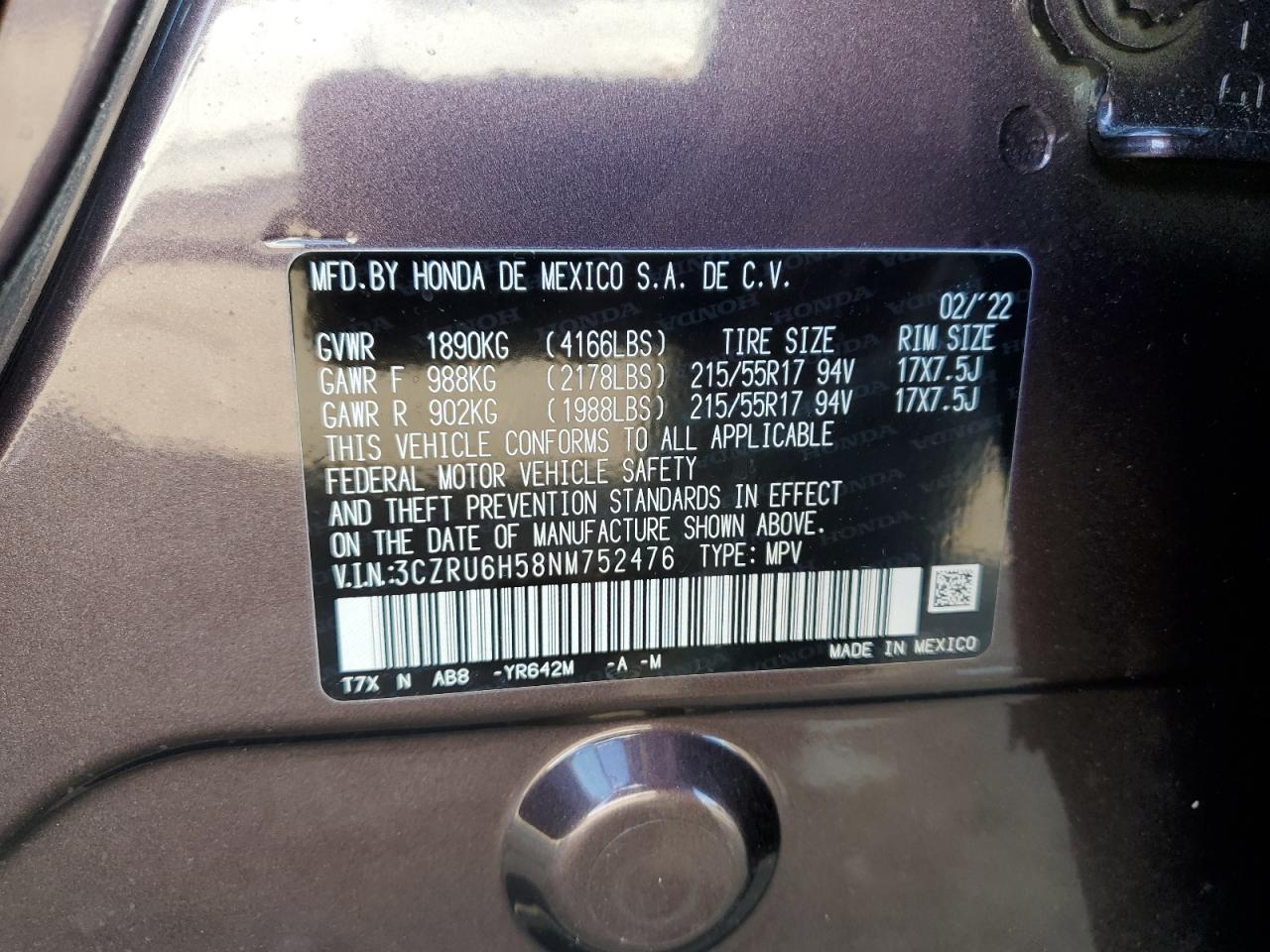 2022 Honda Hr-V Ex VIN: 3CZRU6H58NM752476 Lot: 71988745