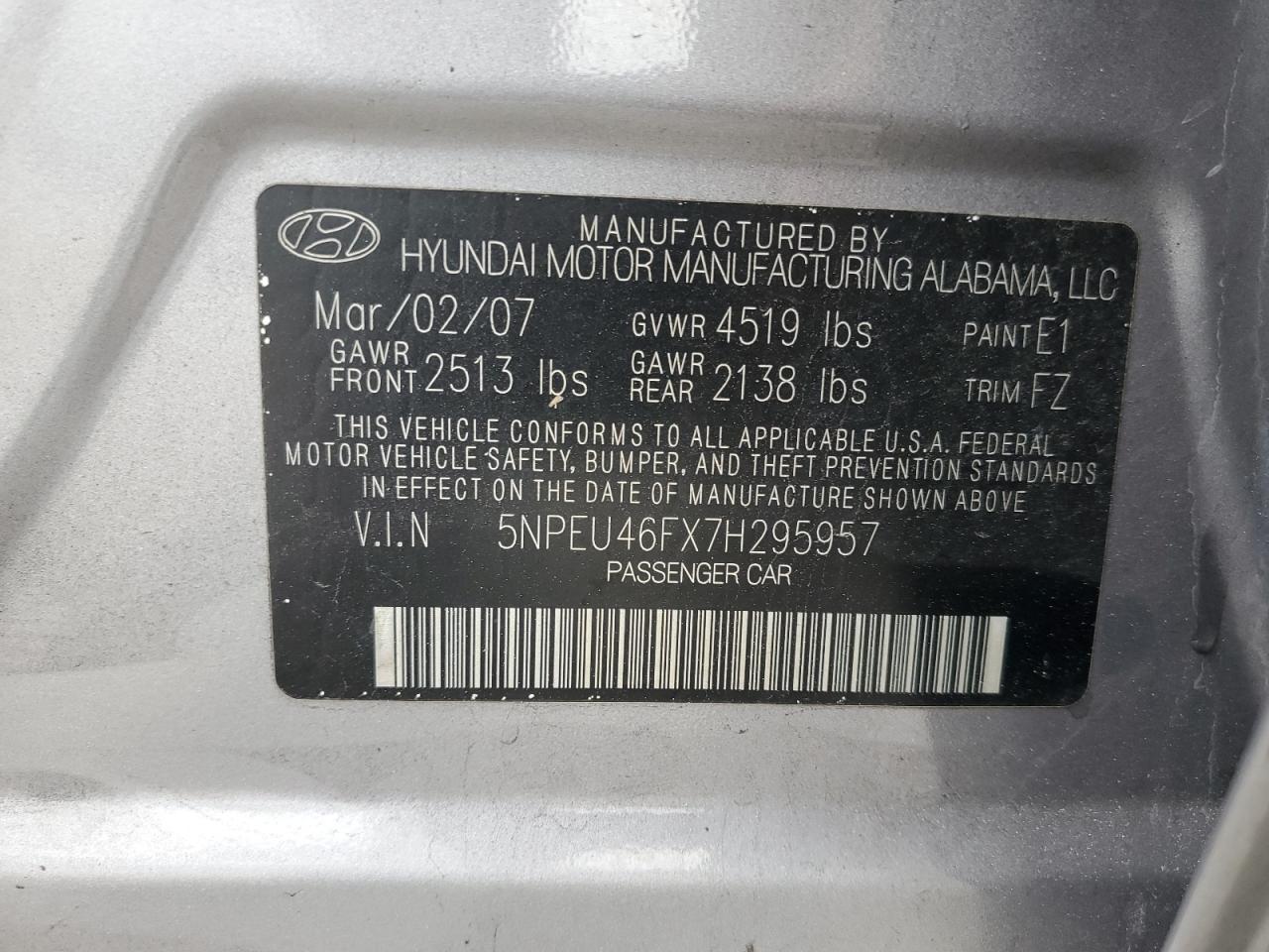 2007 Hyundai Sonata Se VIN: 5NPEU46FX7H295957 Lot: 81238625