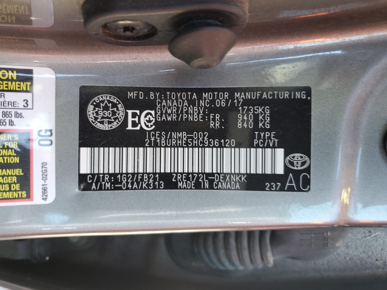 2017 Toyota Corolla L VIN: 2T1BURHE5HC936120 Lot: 81664415