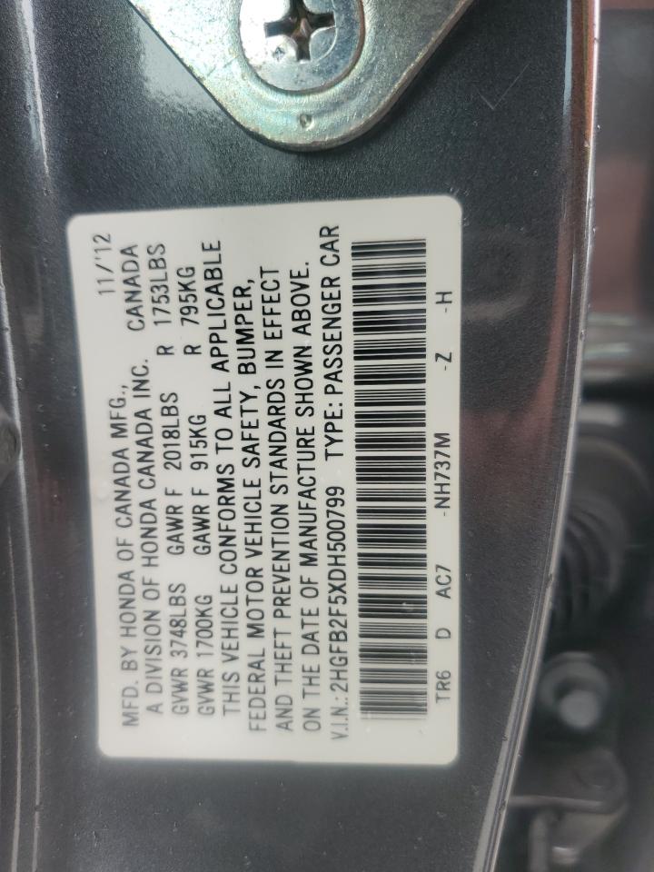 2013 Honda Civic Lx VIN: 2HGFB2F5XDH500799 Lot: 72074805