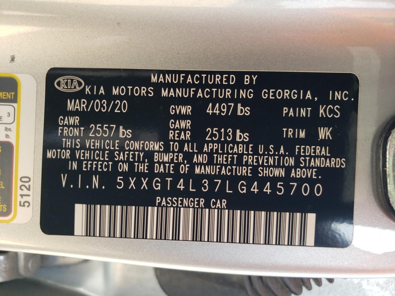 2020 Kia Optima Lx VIN: 5XXGT4L37LG445700 Lot: 81686885