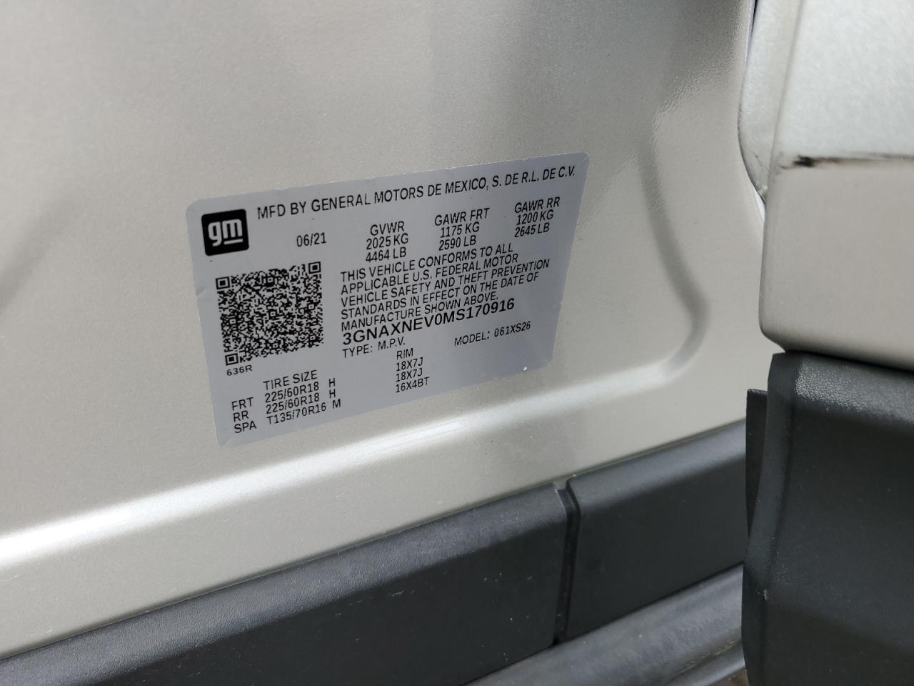 2021 Chevrolet Equinox Premier VIN: 3GNAXNEV0MS170916 Lot: 69164955