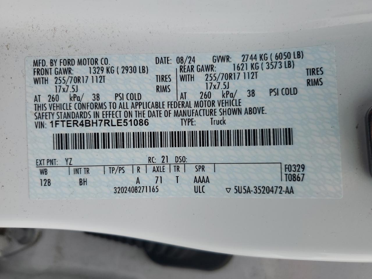 2024 Ford Ranger Xl VIN: 1FTER4BH7RLE51086 Lot: 81311425