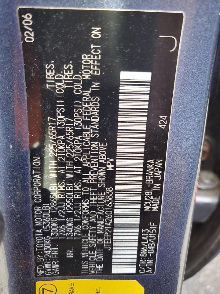 2006 Toyota Highlander Limited VIN: JTEEP21A260163838 Lot: 82093905
