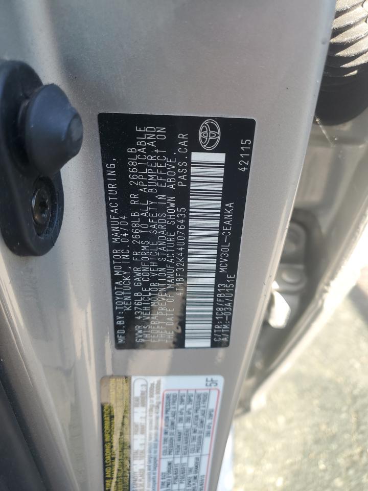 2004 Toyota Camry Le VIN: 4T1BF32K44U076435 Lot: 72024175