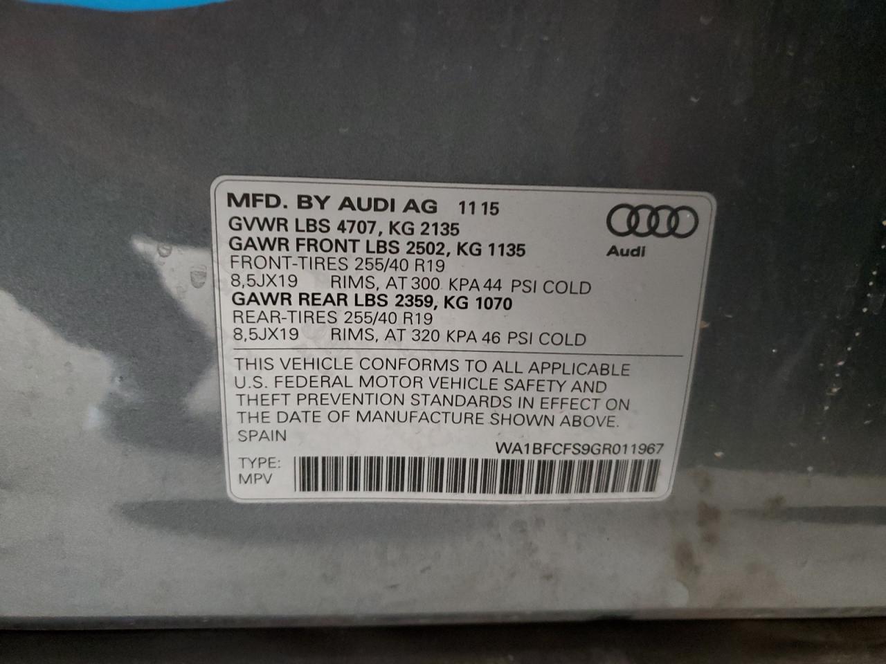 2016 Audi Q3 Premium Plus VIN: WA1BFCFS9GR011967 Lot: 80842845