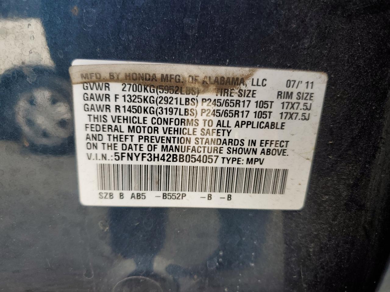 2011 Honda Pilot Ex VIN: 5FNYF3H42BB054057 Lot: 81326385