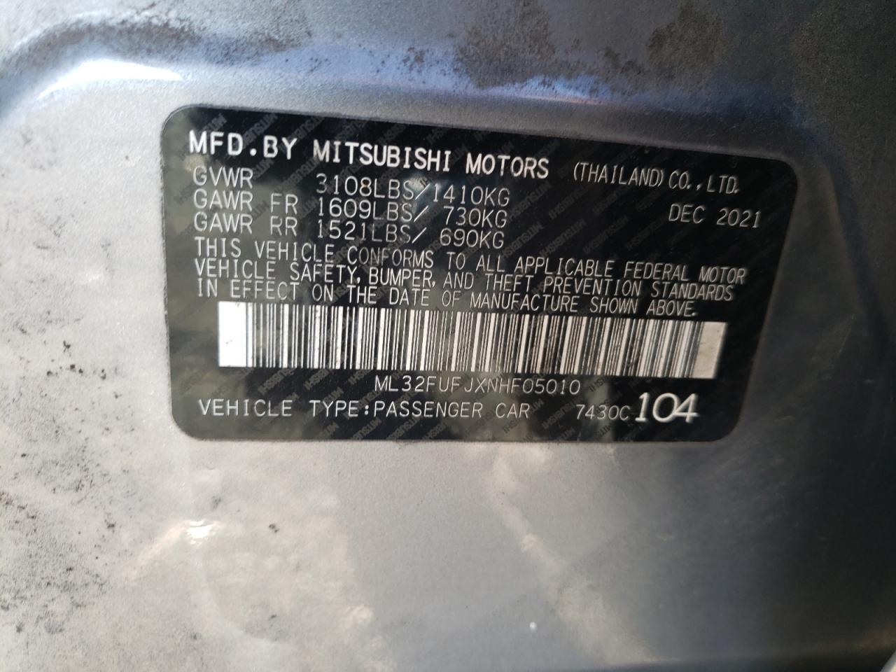 2022 Mitsubishi Mirage G4 Es VIN: ML32FUFJXNHF05010 Lot: 70711495