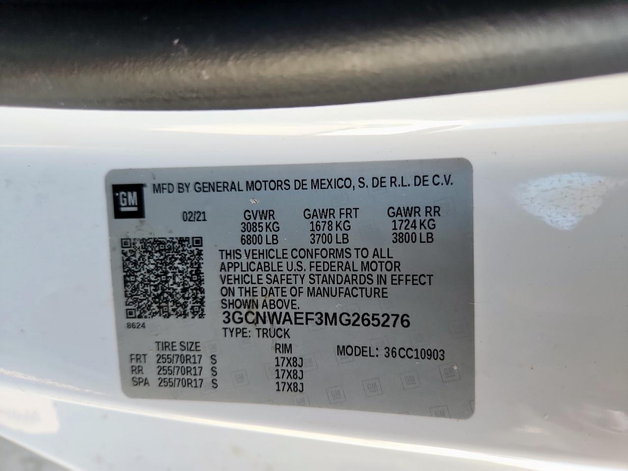 2021 Chevrolet Silverado C1500 VIN: 3GCNWAEF3MG265276 Lot: 81212835