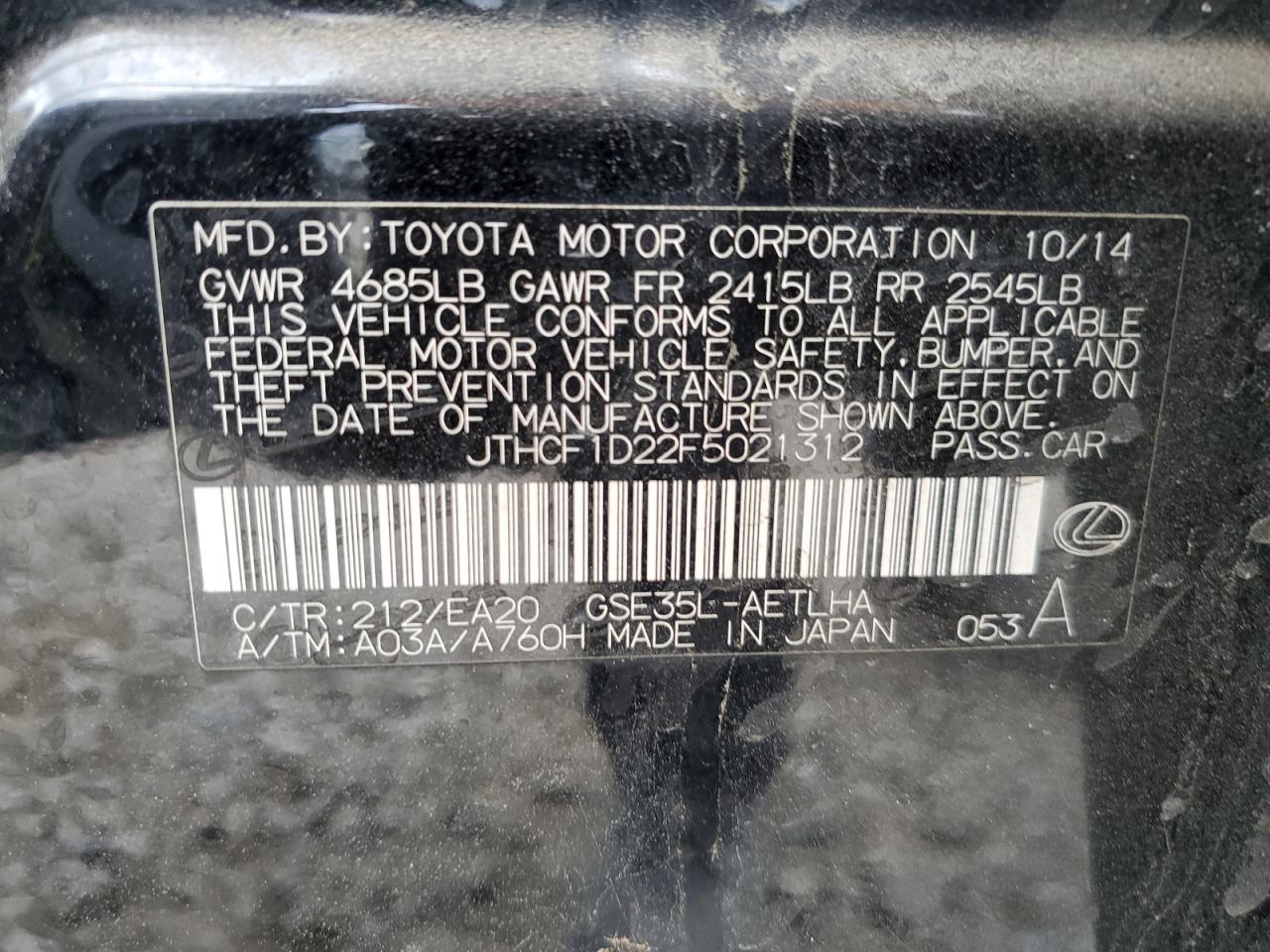 2015 Lexus Is 250 VIN: JTHCF1D22F5021312 Lot: 80693215