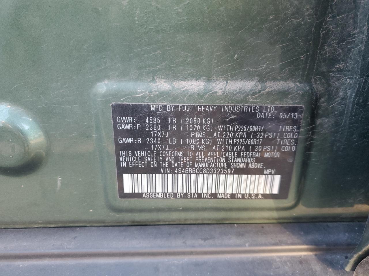 2013 Subaru Outback 2.5I Premium VIN: 4S4BRBCC8D3323597 Lot: 80056175