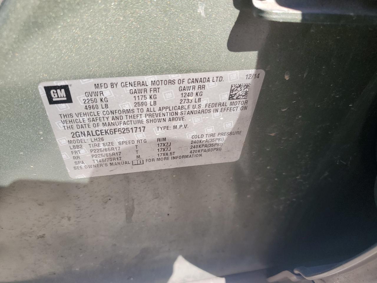 2015 Chevrolet Equinox Lt VIN: 2GNALCEK6F6251717 Lot: 80291085