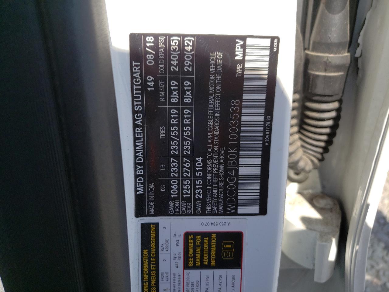 2019 Mercedes-Benz Glc 300 VIN: WDC0G4JB0K1003538 Lot: 81511035