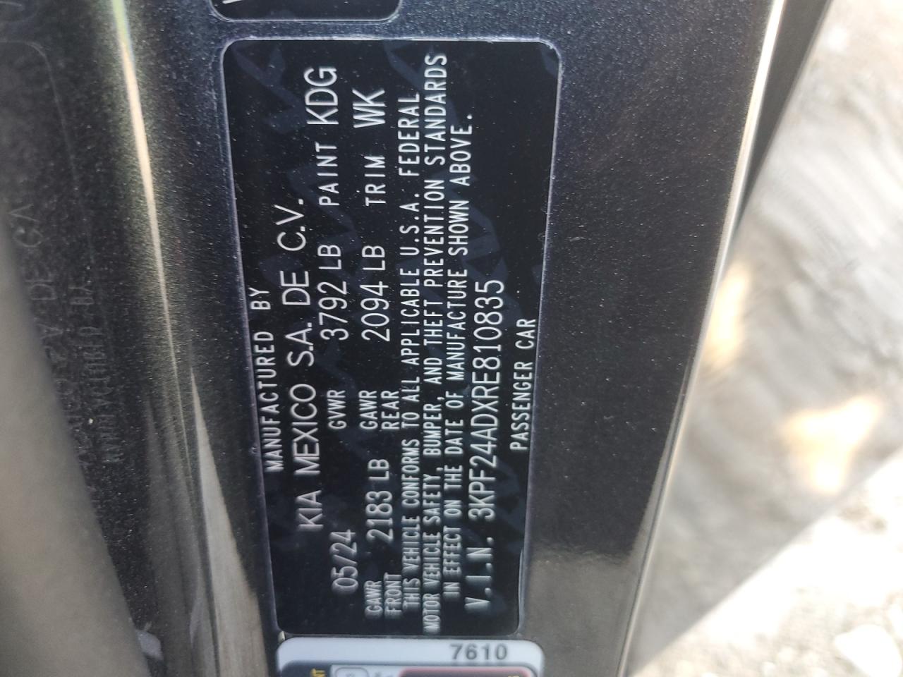 2024 Kia Forte Lx VIN: 3KPF24ADXRE810835 Lot: 80898255