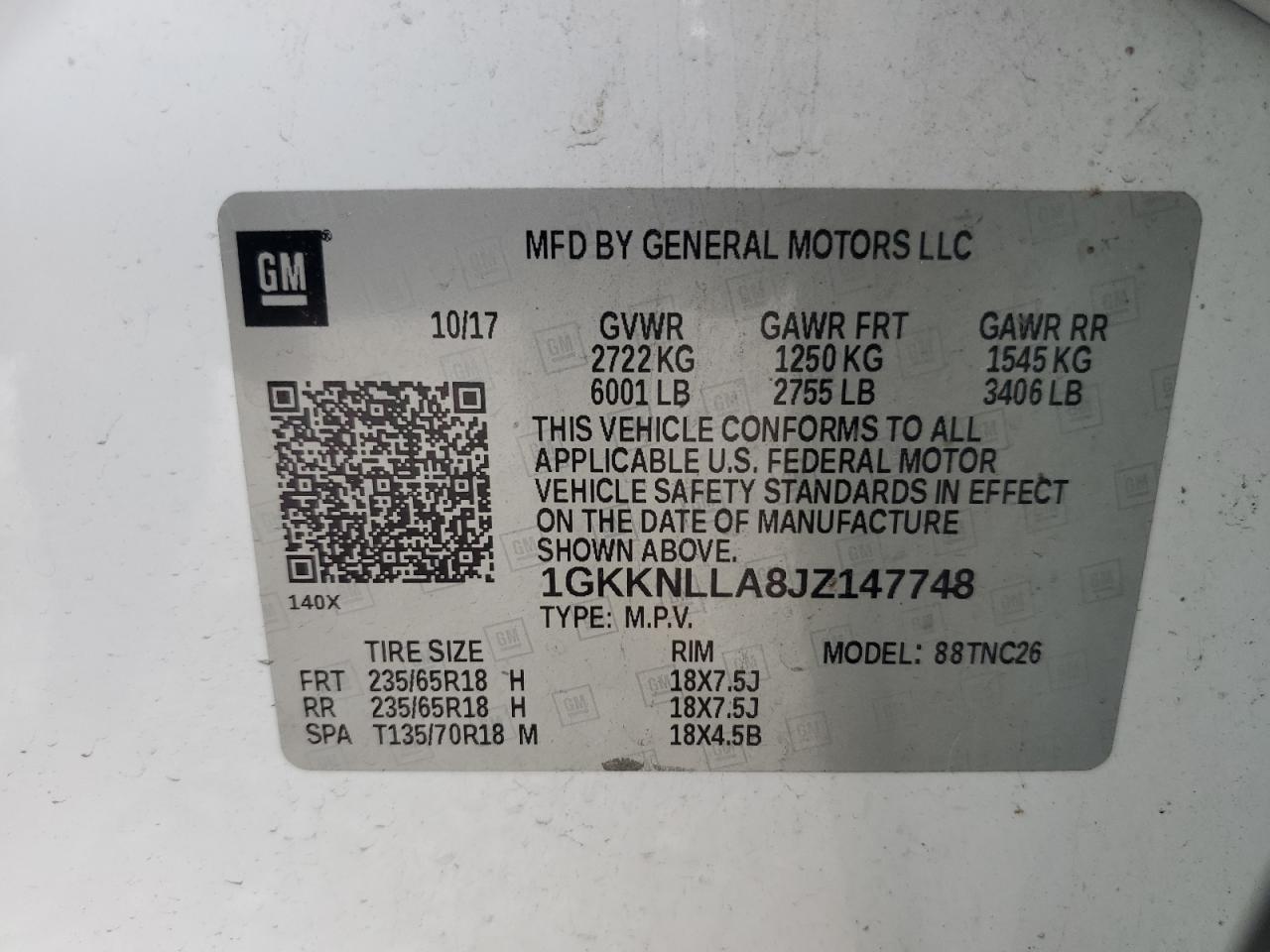 2018 GMC Acadia Sle VIN: 1GKKNLLA8JZ147748 Lot: 82148665