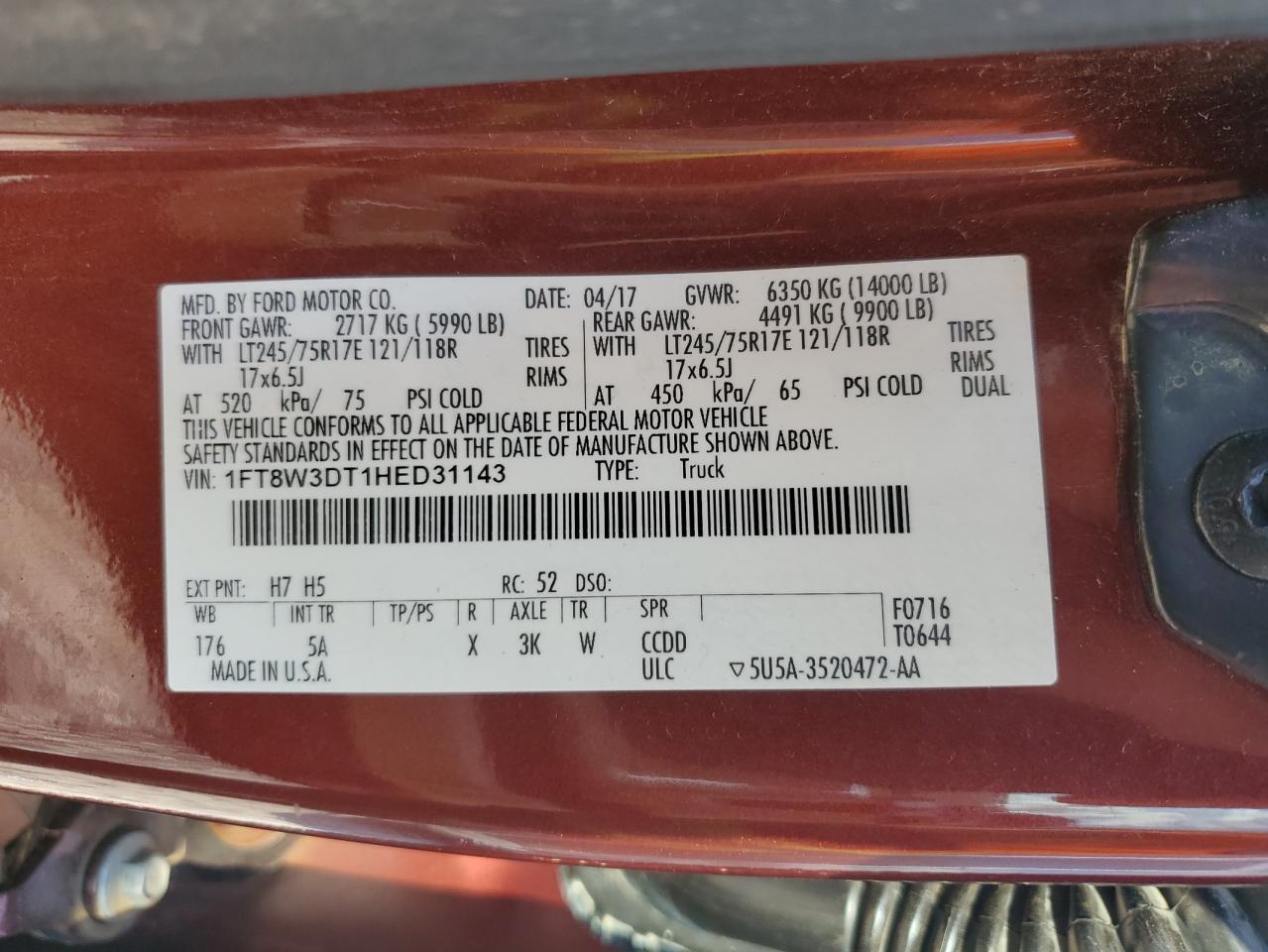 2017 Ford F350 Super Duty VIN: 1FT8W3DT1HED31143 Lot: 83833735