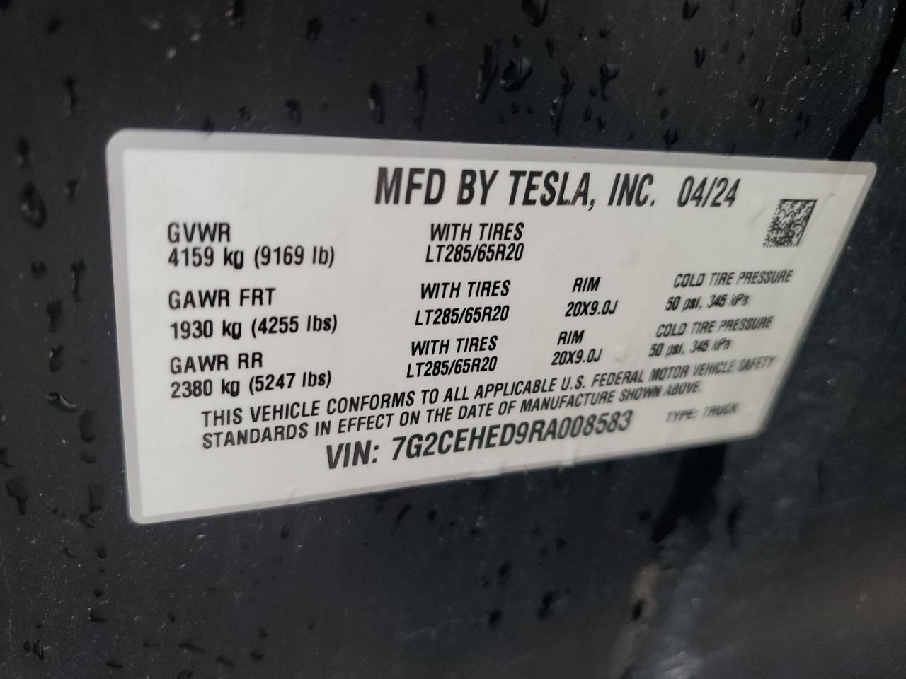 2024 Tesla Cybertruck VIN: 7G2CEHED9RA008583 Lot: 71047955