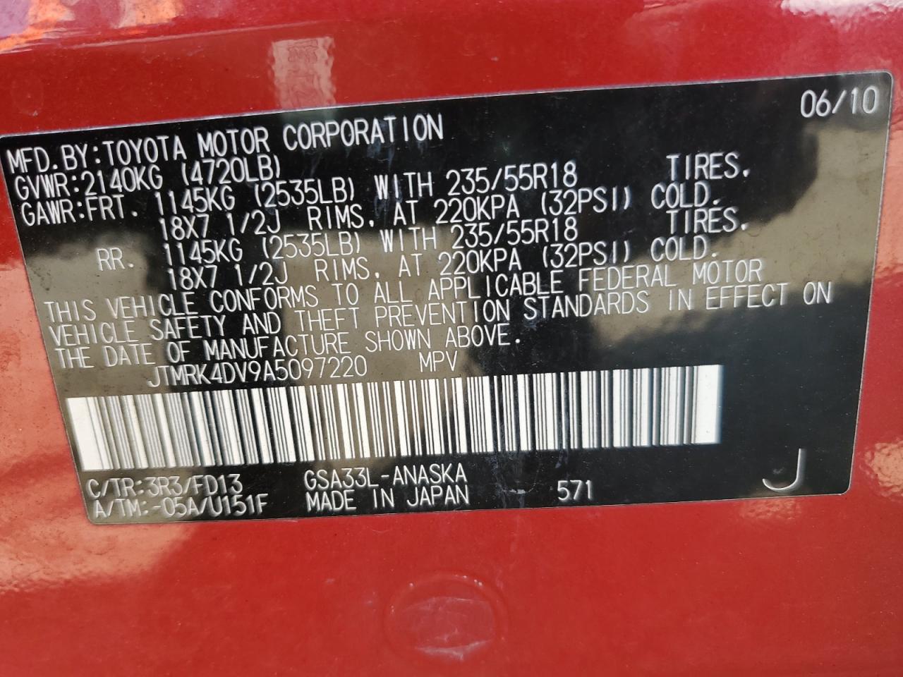 2010 Toyota Rav4 Sport VIN: JTMRK4DV9A5097220 Lot: 71058785