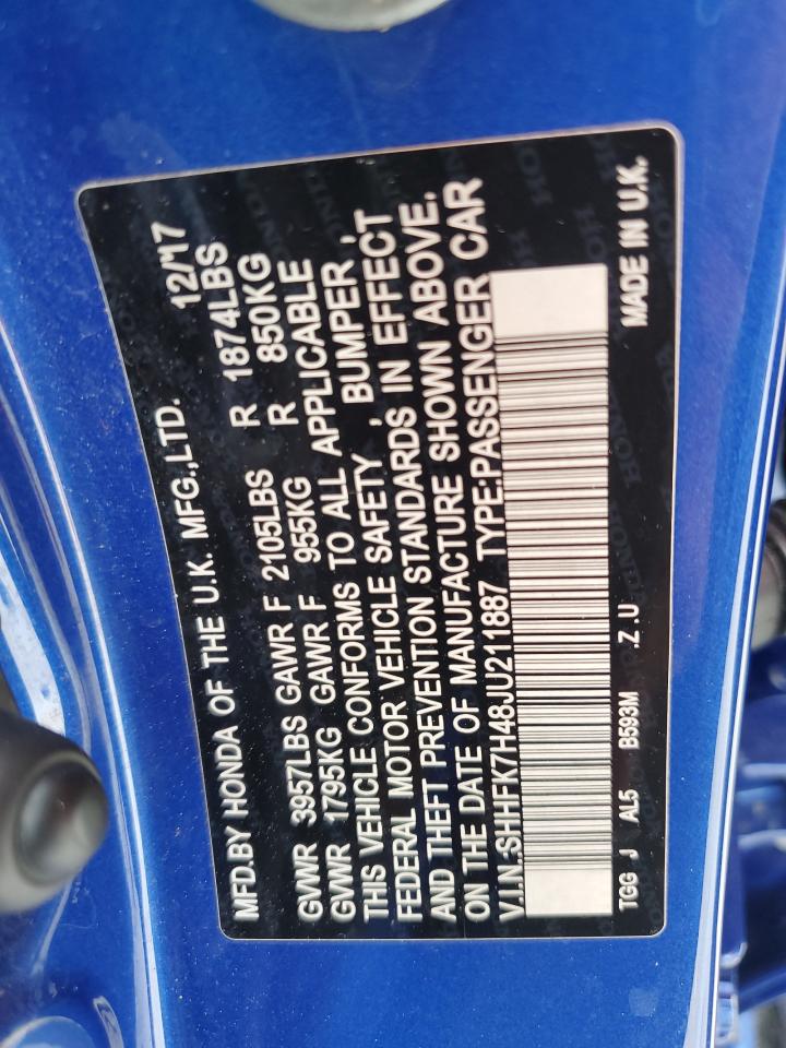 2018 Honda Civic Sport VIN: SHHFK7H48JU211887 Lot: 81273355