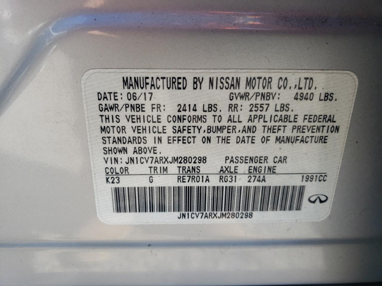 2018 Infiniti Q50 Pure VIN: JN1CV7ARXJM280298 Lot: 71886355