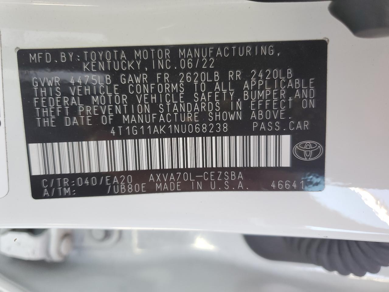 2022 Toyota Camry Se VIN: 4T1G11AK1NU068238 Lot: 81801265