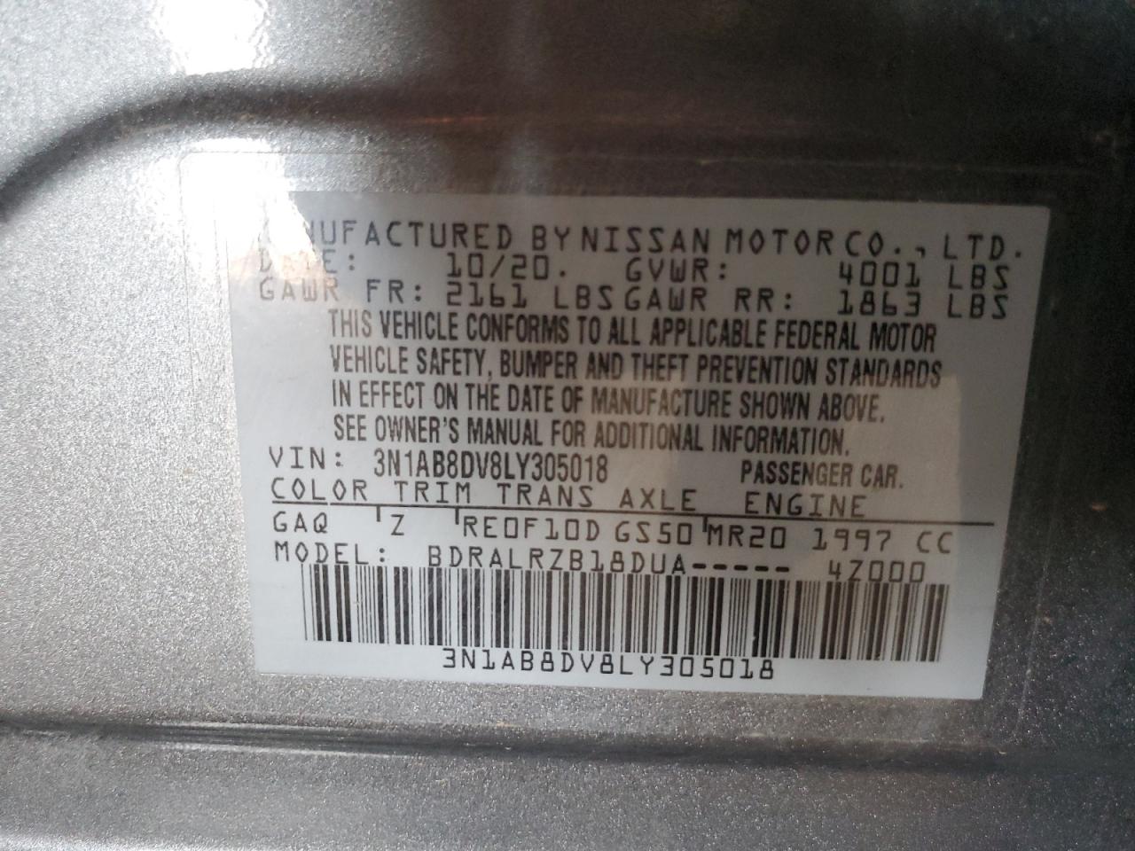 2020 Nissan Sentra Sr VIN: 3N1AB8DV8LY305018 Lot: 81145925