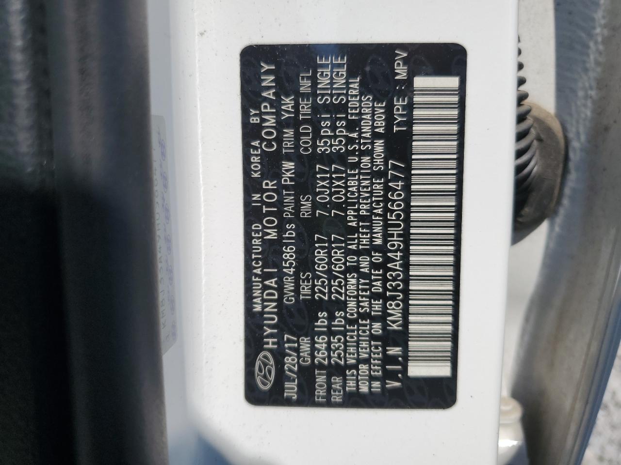 2017 Hyundai Tucson Limited VIN: KM8J33A49HU566477 Lot: 70657955