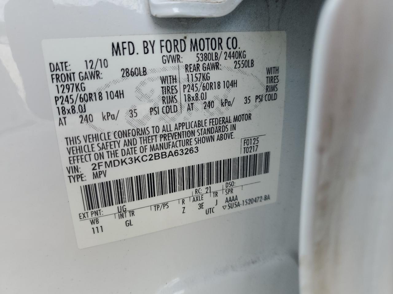 2011 Ford Edge Limited VIN: 2FMDK3KC2BBA63263 Lot: 71398625