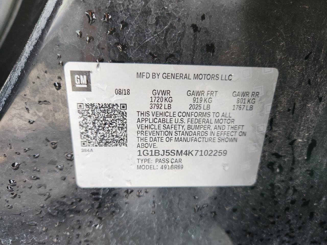 2019 Chevrolet Cruze VIN: 1G1BJ5SM4K7102259 Lot: 80348685